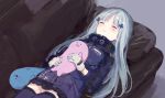  1girl bangs black_skirt blush closed_eyes couch dutch_angle eyebrows_visible_through_hair facial_mark from_above girls_frontline gloves hair_ornament hk416_(girls_frontline) jacket long_hair long_sleeves lying nprmtp on_back on_couch parted_lips purple_jacket purple_legwear silver_hair sketch skirt solo stuffed_animal stuffed_seal stuffed_toy thighhighs very_long_hair white_gloves 