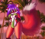  2019 anthro breasts canid canine detailed_background esferaosamael female fox green_eyes hair looking_at_viewer mammal outside palm_tree purple_hair solo standing tree wesleyfoxx 