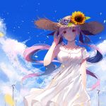  1girl :d absurdres bangs blue_flower blue_sky blush breasts brown_headwear cloud cloudy_sky collarbone commentary day dress eyebrows_visible_through_hair flower hand_up hat hat_flower highres hololive long_hair looking_at_viewer medium_breasts minato_aqua open_mouth orange_flower outdoors petals purple_eyes purple_hair re:rin short_sleeves sky smile solo straw_hat sunflower twintails very_long_hair virtual_youtuber white_dress wind_turbine windmill 