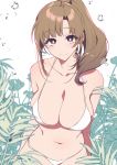  1girl arms_behind_back bare_shoulders bikini blush braid breasts bright_pupils brown_hair cleavage closed_mouth collarbone commentary_request eyebrows_visible_through_hair fern halterneck high_ponytail highres large_breasts long_hair looking_at_viewer mature navel oosuki_mamako outdoors plant pochi_(pochi-goya) ponytail purple_eyes sidelocks smile stomach swimsuit thighs tsuujou_kougeki_ga_zentai_kougeki_de_ni-kai_kougeki_no_okaasan_wa_suki_desu_ka? white_bikini white_pupils 