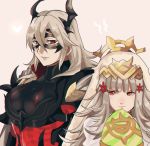  2girls animal_ears armor black_armor black_mask_(clothing) bone breastplate breasts bunny_ears cape closed_mouth crown domino_mask dress earrings easter_egg egg fire_emblem fire_emblem_heroes flower grey_hair hair_between_eyes hair_flower hair_ornament heart holding holding_egg horned_mask horns jewelry large_breasts long_hair looking_at_another mask masked multiple_girls parted_lips pink_background red_eyes rem_sora410 simple_background skeleton teeth thrasir_(fire_emblem) upper_body veronica_(fire_emblem) white_cape white_dress 