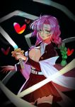  1girl black_legwear braid breasts cowboy_shot gradient_hair green_eyes heart holding holding_sword holding_weapon kanroji_matsuri kimetsu_no_yaiba large_breasts lips long_hair looking_at_viewer mole multicolored_hair open_clothes open_shirt parted_lips pink_hair pleated_skirt skirt solo sword thighhighs uniform weapon yoooooo-z 