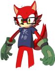  3:4 anthro bodily_fluids canid canine canis clothing custom_character_(sonic_forces) eyewear fur glasses gloves handwear japanese_text kalk427 looking_down male mammal open_mouth open_smile red_fur shirt simple_background smile solo sonic_(series) sonic_forces sweat sweatdrop t-shirt text topwear translation_request white_background wolf yellow_eyes 