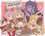  1boy 3girls ahoge anila_(granblue_fantasy) animal_ears armor black_hair blonde_hair blue_eyes blue_skin blush braid breasts brown_eyes bucket chicken_nuggets chrysaor_(granblue_fantasy) cleavage commentary_request djeeta_(granblue_fantasy) draph drink eating erune esser fried_chicken garula_shining_hawk granblue_fantasy grey_eyes hair_intakes hairband hikimayu horns ketchup kfc long_hair multiple_arms multiple_girls open_mouth pink_hair pointy_ears shiva_(granblue_fantasy) short_hair smile snake tongue tongue_out twin_braids upper_body vinhnyu x_x 