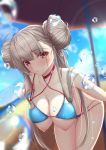  1girl absurdres ahoge azur_lane bangs bare_shoulders bent_over bikini blue_bikini blue_sky blurry blurry_background blush braid breasts brown_hair choker cleavage closed_mouth collarbone commentary_request criss-cross_halter day depth_of_field double_bun eyebrows_visible_through_hair eyelashes eyes_visible_through_hair formidable_(azur_lane) formidable_(the_lady_of_the_beach)_(azur_lane) hair_rings halterneck hanging_breasts highres large_breasts lens_flare long_hair looking_at_viewer multi-strapped_bikini nipples orange_eyes outdoors sky solo spekkio36 swimsuit very_long_hair water_drop 