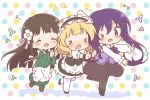  apron black_hair blonde_hair blush chibi gochuumon_wa_usagi_desu_ka? headdress japanese_clothes kimono kirima_sharo long_hair maid mitarashi_neko pantyhose purple_eyes purple_hair short_hair tedeza_rize twintails ujimatsu_chiya waitress wink wristwear 