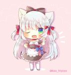  1girl ;d american_flag american_flag_print animal_ear_fluff animal_ears apron azur_lane black_bow black_dress black_sleeves blue_eyes blush bow cat_ears cat_girl cat_hair_ornament cat_tail chibi choker collarbone detached_sleeves dress flag_print frilled_apron frills full_body green_eyes grey_footwear hair_bow hair_ornament hammann_(azur_lane) hand_up kouu_hiyoyo long_hair multicolored multicolored_eyes one_eye_closed open_mouth pink_background puffy_short_sleeves puffy_sleeves red_bow red_choker short_sleeves silver_hair smile solo standing strapless strapless_dress tail thighhighs twitter_username two_side_up very_long_hair waist_apron white_apron white_legwear wrist_cuffs 