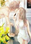  1boy 1girl bangs bare_shoulders breasts brown_hair cleavage closed_eyes couple dress flower food hetero highres holding holding_food kinoebi kiss long_hair medium_breasts original plant poster_(object) ribbed_dress shirt shirtless sitting sleeveless sleeveless_dress t-shirt thighs white_dress 