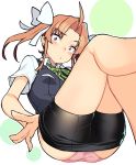  1girl ahoge ass bangs bike_shorts black_shorts black_vest blush bow breasts brown_eyes brown_hair commentary_request eyebrows_visible_through_hair feet forehead green_neckwear green_ribbon hair_bow head_tilt kagerou_(kantai_collection) kantai_collection knees_up long_hair looking_at_viewer neck_ribbon panties pink_panties pulled_by_self ribbon shirt short_shorts short_sleeves shorts shorts_pull sidelocks simple_background small_breasts solo taketora_suzume thighs twintails underwear vest white_background white_bow white_shirt 
