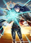  1girl blue_eyes blue_hair cape closed_mouth commentary_request company_connection copyright_name falchion_(fire_emblem) fire_emblem fire_emblem_awakening fire_emblem_cipher hair_ornament holding holding_sword holding_weapon jewelry kita_senri long_hair looking_at_viewer lucina_(fire_emblem) outdoors serious sheath shield solo standing sunrise sword tiara weapon 