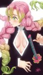  1girl blush braid breasts gradient_hair green_eyes highres justin_leyva_(steamy_tomato) kanroji_matsuri kimetsu_no_yaiba large_breasts lips long_hair looking_to_the_side mole multicolored_hair open_clothes open_shirt pink_hair solo sword twin_braids twintails upper_body weapon 