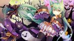  akashi_(azur_lane) animal animal_ears azur_lane bat cat green_hair halloween hat long_hair muu_rin pumpkin ribbons yellow_eyes 