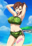  1girl armpits arms_behind_head arms_up bangs beach blue_sky blush body_writing breasts brown_eyes brown_hair camouflage cloud copyright_name covered_nipples cowboy_shot gate_-_jieitai_ka_no_chi_nite_kaku_tatakaeri halterneck highres kuribayashi_shino large_breasts looking_at_viewer muimui navel ocean open_mouth outdoors round_teeth shiny shiny_hair shiny_skin short_hair side_ponytail sky smile solo standing swept_bangs swimsuit teeth thighs tongue water wet wet_clothes wet_swimsuit 
