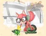  all_fours anthro canid canine canis clothing custom_character_(sonic_forces) eyewear flower footwear fur glasses gloves handwear headgear headphones headset inside kalk427 male mammal plant red_fur shoes solo sonic_(series) sonic_forces wolf yellow_eyes 