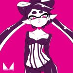  +_+ 1girl breasts chichi_band cleavage collarbone contrapposto cowboy_shot domino_mask earrings groin hotaru_(splatoon) jewelry looking_at_viewer mask mole mole_under_eye navel parted_lips pink_background pointy_ears ribs short_eyebrows small_breasts splatoon_(series) splatoon_1 tentacle_hair thick_eyebrows thigh_gap 