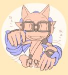  9:10 anthro blue_fur canid canine canis clothing custom_character_(sonic_forces) duo eulipotyphlan eyewear fangs fur glasses gloves hand_holding handwear headgear headphones headset hedgehog japanese_text kalk427 male mammal red_fur simple_background smile sonic_(series) sonic_forces sonic_the_hedgehog text wolf yellow_background 