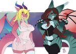  anthro babydoll big_breasts blonde_hair breasts brown_hair cleavage clothed clothing dragon duo female green_scales hair hand_on_hip horn legwear long_hair nightgown panties pink_eyes pink_sca;es red_eyes riding_crop scales thigh_highs translucent underwear whip wide_hips zwitterkitsune 
