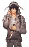  1boy animal_hood anysnail black_hair blood bloody_clothes bloody_knife brown_eyes cowboy_shot dokuga dorohedoro expressionless hood hoodie knife looking_at_viewer male_focus solo tattoo white_background 