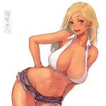  1girl :d bare_shoulders blonde_hair breasts collared_shirt commentary_request crop_top denim denim_shorts hand_on_hip large_breasts long_hair navel open_clothes open_mouth open_shirt original purple_eyes shirt short_shorts shorts shu-mai smile tan thighs 