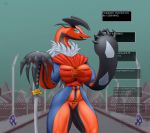  2019 anthro belt_bra big_breasts blue_eyes bra breasts claws clothed clothing dialogue english_text fangs female fur glowing glowing_eyes hi_res horn legendary_pok&eacute;mon melee_weapon neck_tuft nintendo panties pok&eacute;mon pok&eacute;mon_(species) robe skimpy solo sword talking_to_viewer testowepiwko text tuft underwear video_games weapon yveltal 