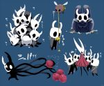  apple arizuka_(catacombe) bee blue_background bug chest commentary_request flower food fruit highres hollow_knight hollow_knight_(character) honey hornet_(hollow_knight) insect looking_at_viewer lying_on_another multiple_views shadow simple_background sword weapon white_flower 