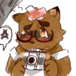  1:1 angry anthro band-aid bandage camera canid canine kounosuke_(morenatsu) low_res male mamaito mammal morenatsu ouch raccoon_dog simple_background solo tanuki white_background wounded young 