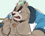  anthro ashigara brown_fur clothed clothing food fur mammal mohawk_(hairstyle) nipples open_mounth open_shirt solo tobikara3 tokyo_afterschool_summoners ursid video_games 