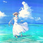  1girl alternate_costume arms_behind_back ayanami_(kantai_collection) bangs blush brown_hair cloud dress eyebrows_visible_through_hair grin hat high_heels highres kantai_collection long_hair nogiguchi_kohiro ocean outdoors ponytail sailor_collar sandals side_ponytail sky smile solo standing standing_on_liquid straw_hat sundress very_long_hair water white_dress 
