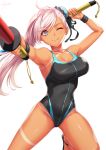  1girl ;p armpits asymmetrical_hair bangs bare_shoulders black_ribbon black_swimsuit blue_eyes blue_swimsuit blush breasts bun_cover cleavage closed_mouth covered_navel fate/grand_order fate_(series) hair_bun hair_ribbon highleg highleg_swimsuit highres large_breasts long_hair looking_at_viewer miyamoto_musashi_(fate/grand_order) miyamoto_musashi_(swimsuit_berserker)_(fate) one_eye_closed pink_hair ribbon sakiyamama smile solo swept_bangs swimsuit tan tanline tongue tongue_out toy_sword two-tone_swimsuit wristband 