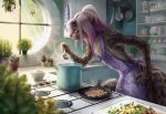  2019 5_fingers amazing_background anthro apron black_spots clothing day detailed_background digital_media_(artwork) felid female fingers food fur goldendruid grey_fur hair inside kitchen mammal pantherine pink_hair plant purple_hair signature snow_leopard solo spots spotted_fur watermark window 