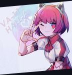  1girl android animal_ears commentary copyright_name dorothy_haze fake_animal_ears hairband kky looking_at_viewer neck_ribbon one_eye_closed pale_skin pixel_heart red_eyes red_hair red_ribbon ribbon robot_joints short_hair smile solo twitter_username upper_body va-11_hall-a w 