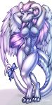  2019 absurd_res anthro breasts curved_horn digital_media_(artwork) dragon feathered_dragon feathered_wings feathers featureless_breasts featureless_crotch female hair hi_res horn non-mammal_breasts nude oksara purple_eyes smile solo white_hair wings 