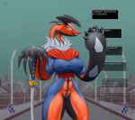  2019 anthro big_breasts blue_eyes bottomless breasts claws clothed clothing dialogue english_text fangs female fur glowing glowing_eyes hi_res horn legendary_pok&eacute;mon melee_weapon neck_tuft nintendo pok&eacute;mon pok&eacute;mon_(species) pussy robe skimpy solo sword talking_to_viewer testowepiwko text tuft video_games weapon yveltal 