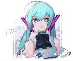  1girl 2019 :d ahoge alternate_hairstyle aqua_eyes aqua_hair bare_shoulders cravat hatsune_miku kky long_hair looking_at_viewer low_twintails open_mouth smile solo twintails twitter_username upper_body vocaloid white_background 