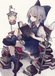  1girl blue_dress blue_eyes blue_footwear blue_hair book book_stack boots bow chair cirno dress hair_bow highres hito_komoru holding holding_book ice ice_wings lantern puffy_short_sleeves puffy_sleeves reading short_hair short_sleeves solo touhou wings 