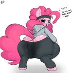  2019 absurd_res accessory aer0_zer0 anthro anus bodily_fluids butt clothed clothing crouching dialogue earth_pony english_text equid equine eyelashes female friendship_is_magic headband hi_res horse looking_at_viewer mammal my_little_pony open_mouth pinkie_pie_(mlp) pony simple_background solo sweat text white_background 