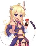  1girl :d ahoge aki_inu blonde_hair blush brand_name_imitation broken_horn demon_horns demon_tail detached_sleeves eyebrows_visible_through_hair fang flat_chest hair_between_eyes hand_on_hip highres holding horns lilith_(machikado_mazoku) long_hair long_sleeves looking_at_viewer machikado_mazoku open_mouth pointy_ears purple_eyes skin_fang smile soda_bottle solo tail white_background 