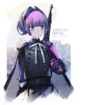  1girl arm_behind_back blue_eyes cape carcano carcano_m91/38_(girls_frontline) character_name commentary_request girls_frontline gloves gun kky long_sleeves purple_gloves purple_hair rifle rifle_on_back solo tied_hair twitter_username upper_body weapon weapon_on_back white_background 