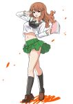  1girl book girls_und_panzer highres long_hair navel ooarai_school_uniform open_mouth orange_eyes orange_hair pleated_skirt sabaku school_uniform simple_background skirt smile takebe_saori thighs wavy_hair 