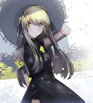  1girl adjusting_clothes adjusting_hat alternate_costume armband arms_behind_back character_name commentary_request flower girls_frontline hair_flower hair_ornament hand_behind_head hand_on_headwear hat kky long_hair looking_at_viewer smile solo twitter_username ump40_(girls_frontline) yellow_eyes 