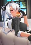  1girl bangs black_gloves black_nails blush breasts collar dark_skin day eating elbow_rest food glasses gloves grey_jacket half_gloves headgear highres holding holding_food indoors jacket kantai_collection large_breasts long_hair looking_back musashi_(kantai_collection) partly_fingerless_gloves red_eyes remodel_(kantai_collection) semi-rimless_eyewear sidelocks silver-framed_eyewear silver_hair sitting solo sweatdrop twintails two_side_up window yunamaro 