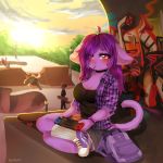  1:1 anthro backpack blush breasts choker clothing domestic_cat dress ear_piercing ear_ring edit eyeshadow felid feline felis female graffiti hair hi_res jewelry lefantis long_hair looking_at_viewer makeup mammal necklace nintendo nintendo_switch nova-aurora piercing pocky short_dress sitting skate_park skateboard sunset video_games 