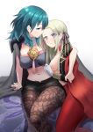  2girls amy30535 arm_around_shoulder arm_support blue_eyes breasts byleth_(fire_emblem) byleth_(fire_emblem)_(female) cape edelgard_von_hresvelg fire_emblem fire_emblem:_three_houses gloves green_hair hair_ribbon highres long_hair looking_at_another medium_hair multiple_girls navel open_clothes open_shirt pantyhose purple_eyes ribbon sideboob silver_hair simple_background sitting stomach white_gloves yuri 