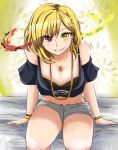  1girl blonde_hair breasts cleavage grin harimao_(hanzou_uji) heterochromia jewelry red_eyes shironeko_project sitting smile uchida_maaya yellow_eyes 