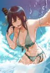  1girl bangs bikini black_hair breasts cleavage closed_eyes cloud collarbone day hair_between_eyes hair_ornament headgear kantai_collection medium_breasts open_mouth outdoors partially_submerged ribbon sagamiso short_hair side-tie_bikini sky solo swimsuit twitter_username water yamashiro_(kantai_collection) 