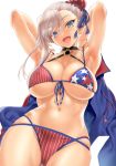  1girl american_flag_bikini armpits arms_behind_head arms_up asymmetrical_hair bangs bikini blue_jacket blush breasts bun_cover cleavage fate/grand_order fate_(series) flag_print hair_bun hair_ribbon highleg highleg_swimsuit highres jacket jacket_removed kure_masahiro large_breasts long_hair looking_at_viewer miyamoto_musashi_(fate/grand_order) miyamoto_musashi_(swimsuit_berserker)_(fate) navel open_mouth print_swimsuit ribbon shrug_(clothing) simple_background smile solo swept_bangs swimsuit white_background 