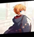  1boy bag blue_eyes from_behind gryffindor harry_potter hogwarts_school_uniform holding_strap hood hood_down kapirusu letterboxed light_particles long_sleeves male_focus orange_hair ron_weasley school_uniform shoulder_bag solo upper_body 