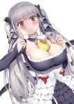  1girl absurdres azur_lane bangs bare_shoulders between_breasts black_dress blush breasts cleavage commentary_request dress earrings eyebrows_visible_through_hair formidable_(azur_lane) frilled_dress frills grey_hair hair_ribbon hands_up highres jewelry large_breasts long_hair long_sleeves looking_at_viewer manjuu_(azur_lane) nedia_(nedia_region) red_eyes ribbon simple_background smile solo twintails two-tone_dress two-tone_ribbon very_long_hair white_background 
