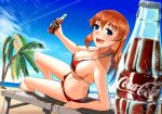  1girl beach bikini blue_eyes blush breasts brown_hair butt_crack charlotte_e_yeager cloud coke-bottle_glasses collarbone drink eyebrows_visible_through_hair glasses highres hiroshi_(hunter-of-kct) large_breasts long_hair looking_at_viewer navel ocean open_mouth outdoors palm_tree red_bikini shiny shiny_hair shorts sky smile solo strike_witches swimsuit swimwear teeth tongue tree upper_teeth world_witches_series 