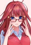  1girl ahoge bangs blue_eyes blush breasts closed_mouth collared_shirt commentary_request dress_shirt glasses go-toubun_no_hanayome hair_between_eyes hair_ornament highres igarashi_kyouhei large_breasts long_hair looking_at_viewer nakano_itsuki red-framed_eyewear red_hair red_sweater red_vest shirt short_sleeves star star_hair_ornament sweater sweater_vest vest white_shirt 